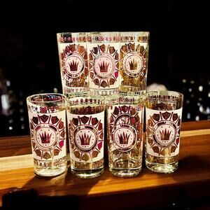 Mid Century Highball Glasses-Crown Shield-Gold-Vintage Barware-MCM-Set of 7